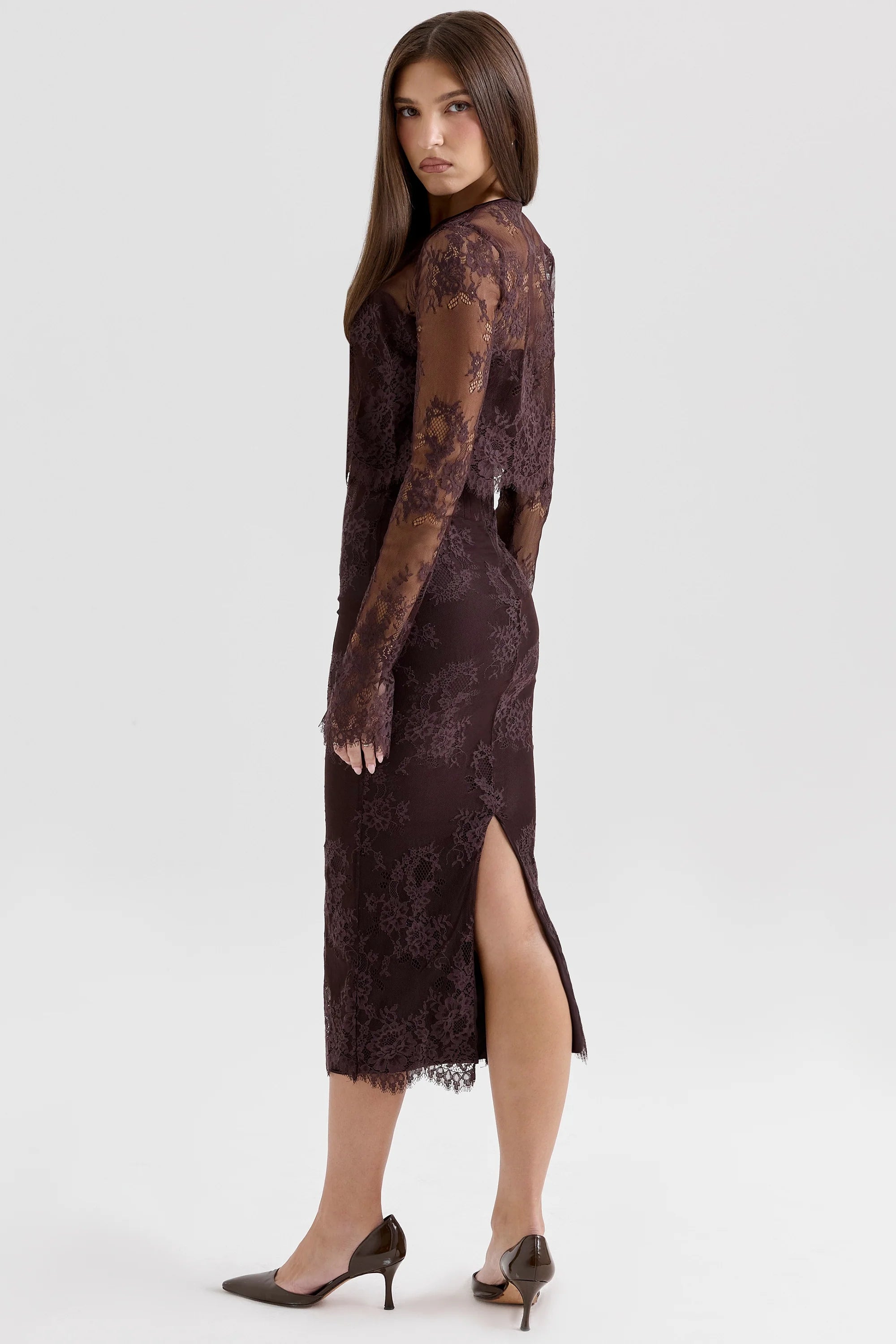 bitter chocolate lace corset midi dress bolero