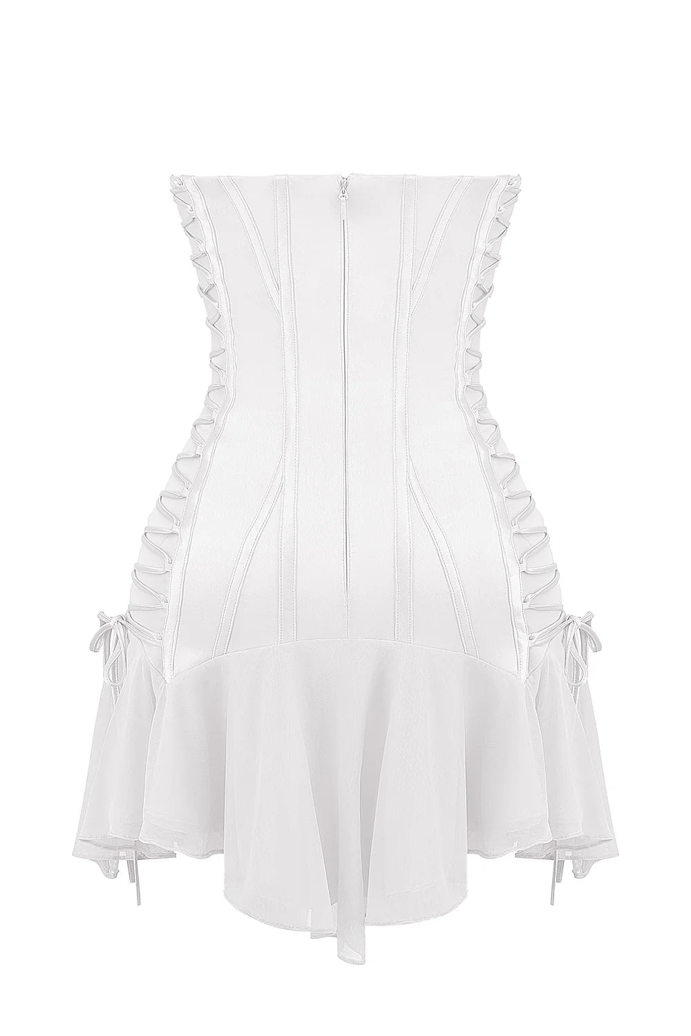 white strapless lace up mini dress