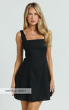 Adiana Mini Dress Linen Square Neck Shirred Back A Line Dress in Black