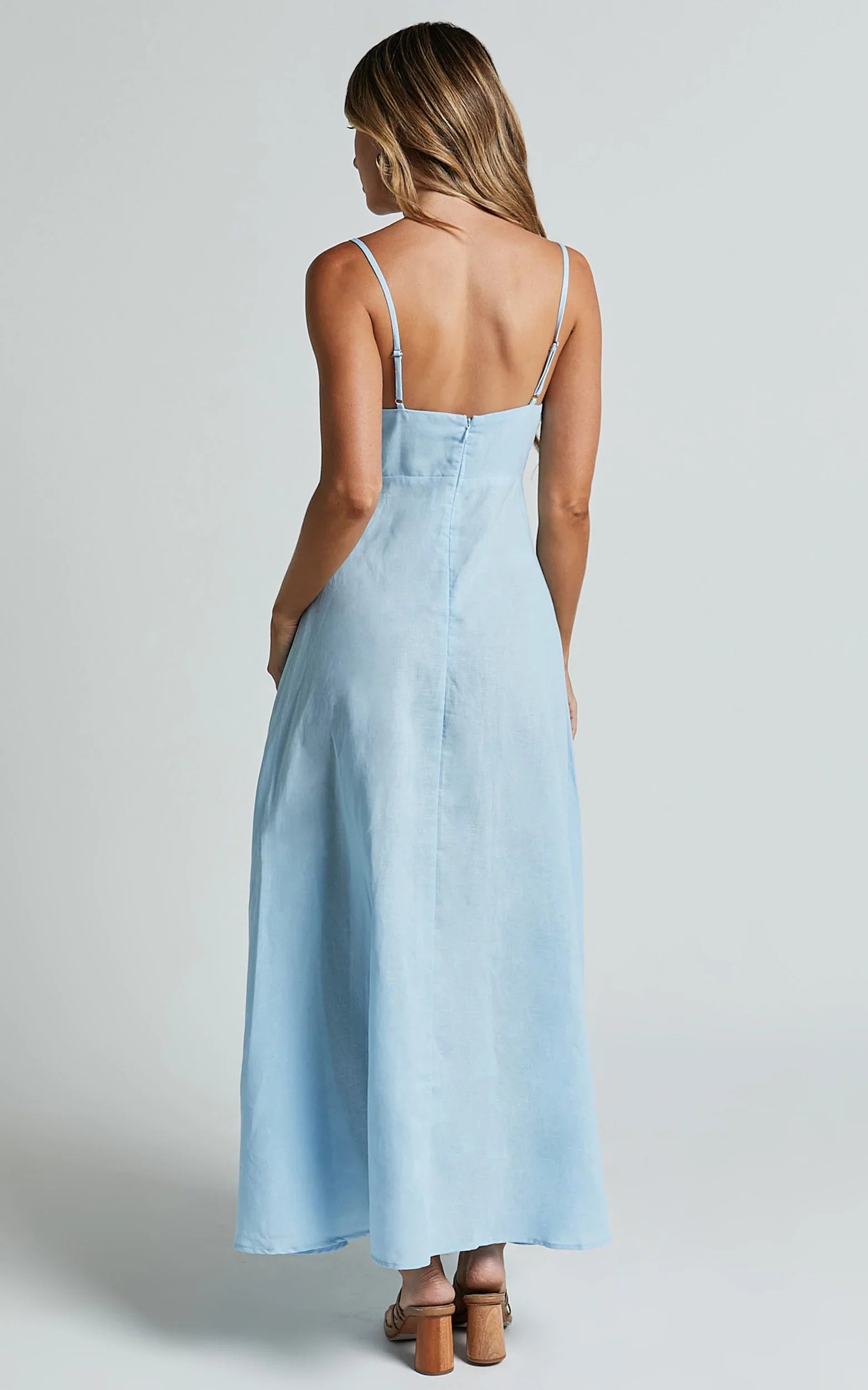 Brette Midi Dress Linen Straight Neck Strappy Fit And Flare Dress in Blue