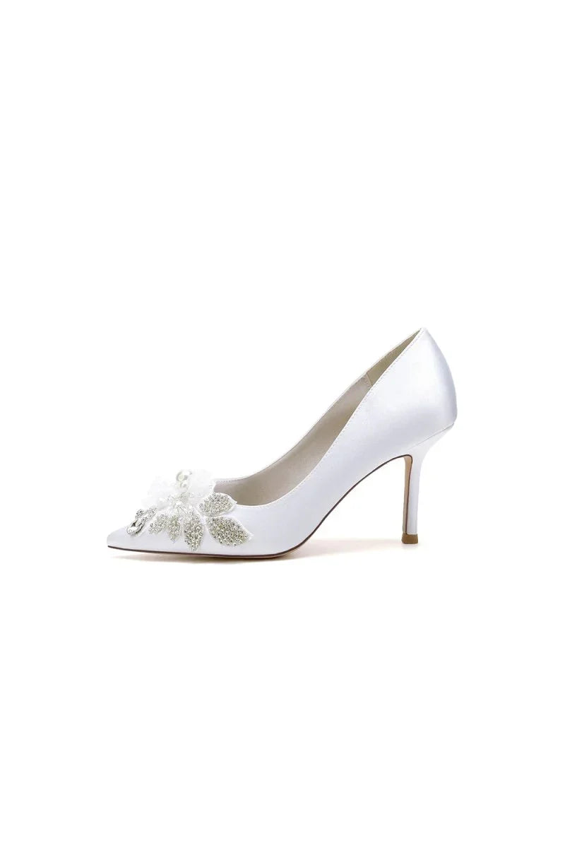 Pointed Toe Satin Bridal Heels with Crystal Flower