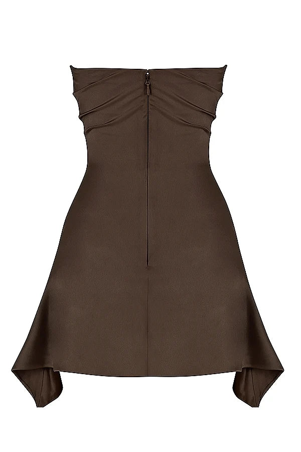 chocolate draped strapless corset dress