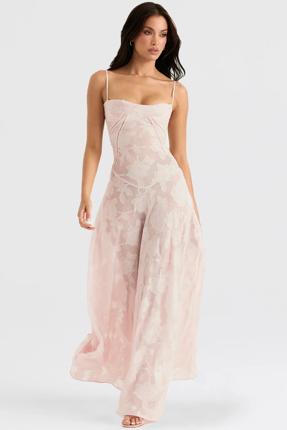 soft pink floral lace back maxi dress