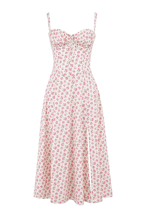 white rosebud print cotton bustier sundress