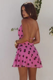 IMALI HALTER COWL MINI DRESS MUSK CHOC POLKA