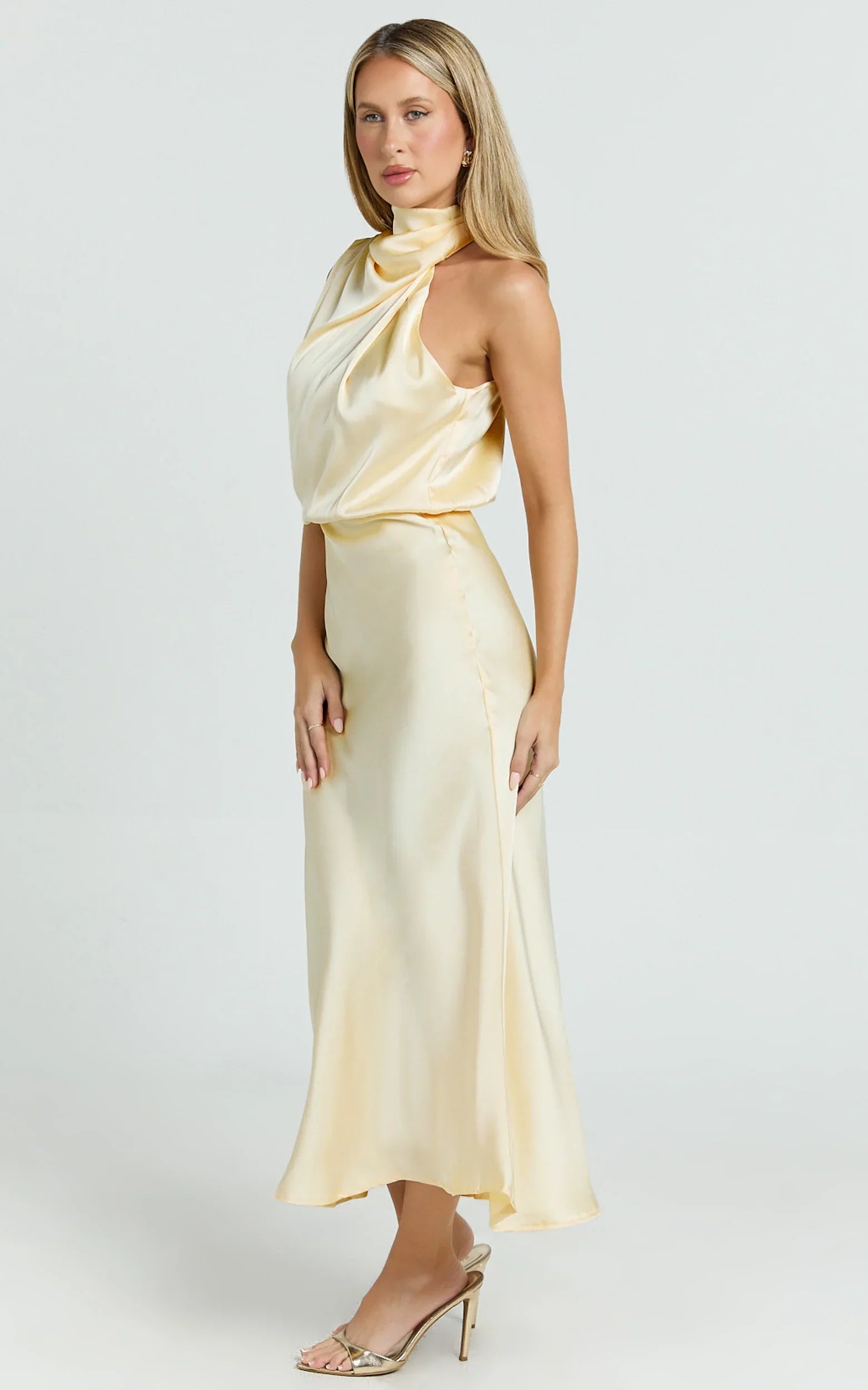 Minnie Midi Dress Drape Neck Satin Slip Dress in Butter Yellow