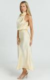 Minnie Midi Dress Drape Neck Satin Slip Dress in Butter Yellow