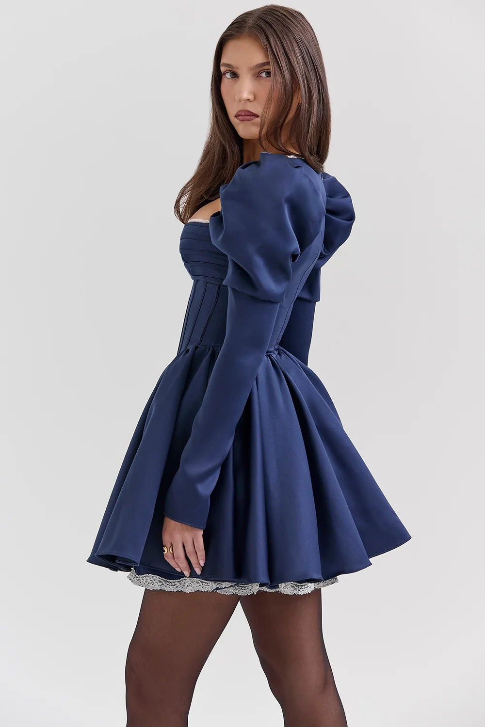 midnight satin puff sleeve mini dress sale