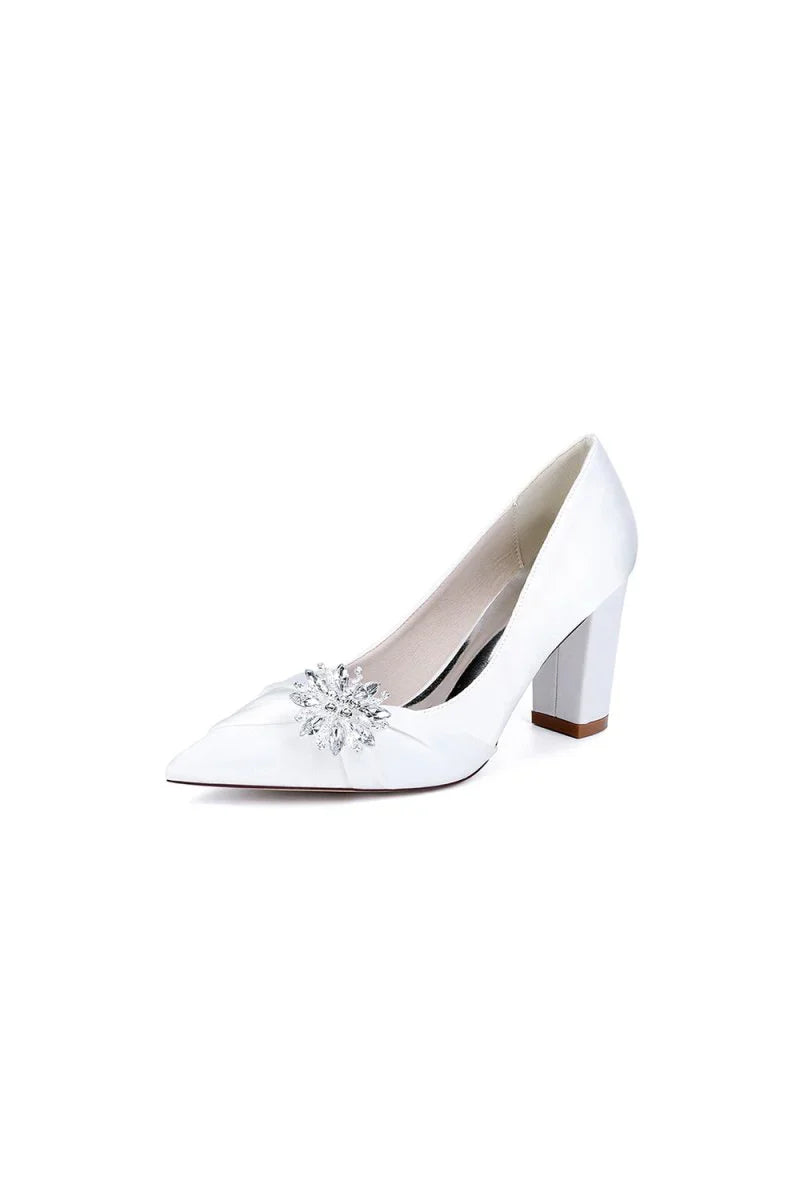 Black Satin High Heels with a Crystal Flower Accent