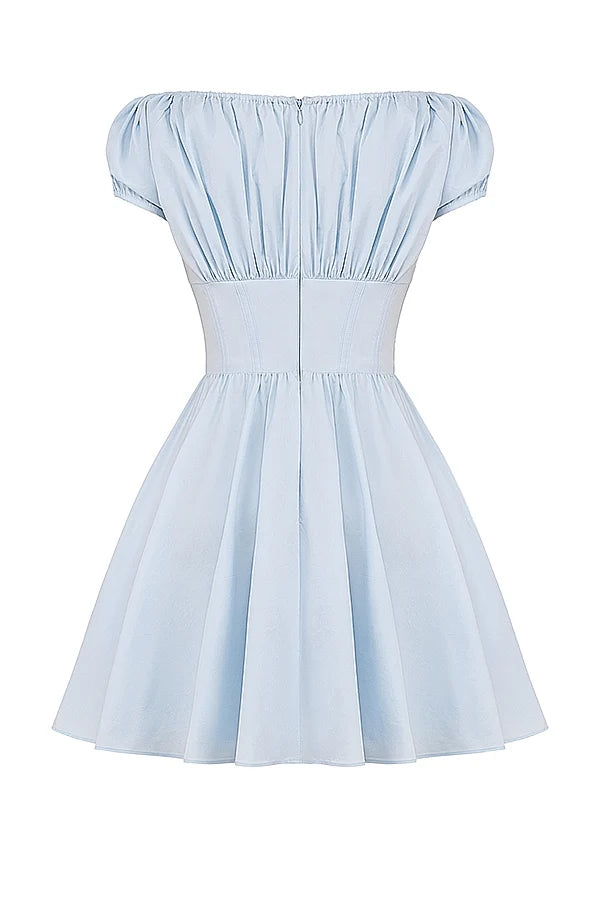 soft blue cotton gathered mini dress