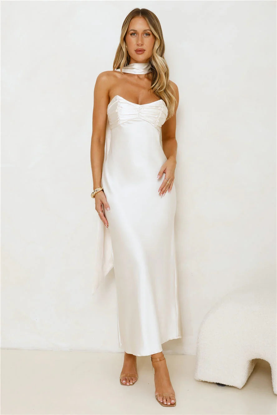 Be Noticed Strapless Satin Maxi Dress Champagne