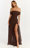 Florence Maxi Dress Off Shoulder Sheer Skirt Dress in Chocolate