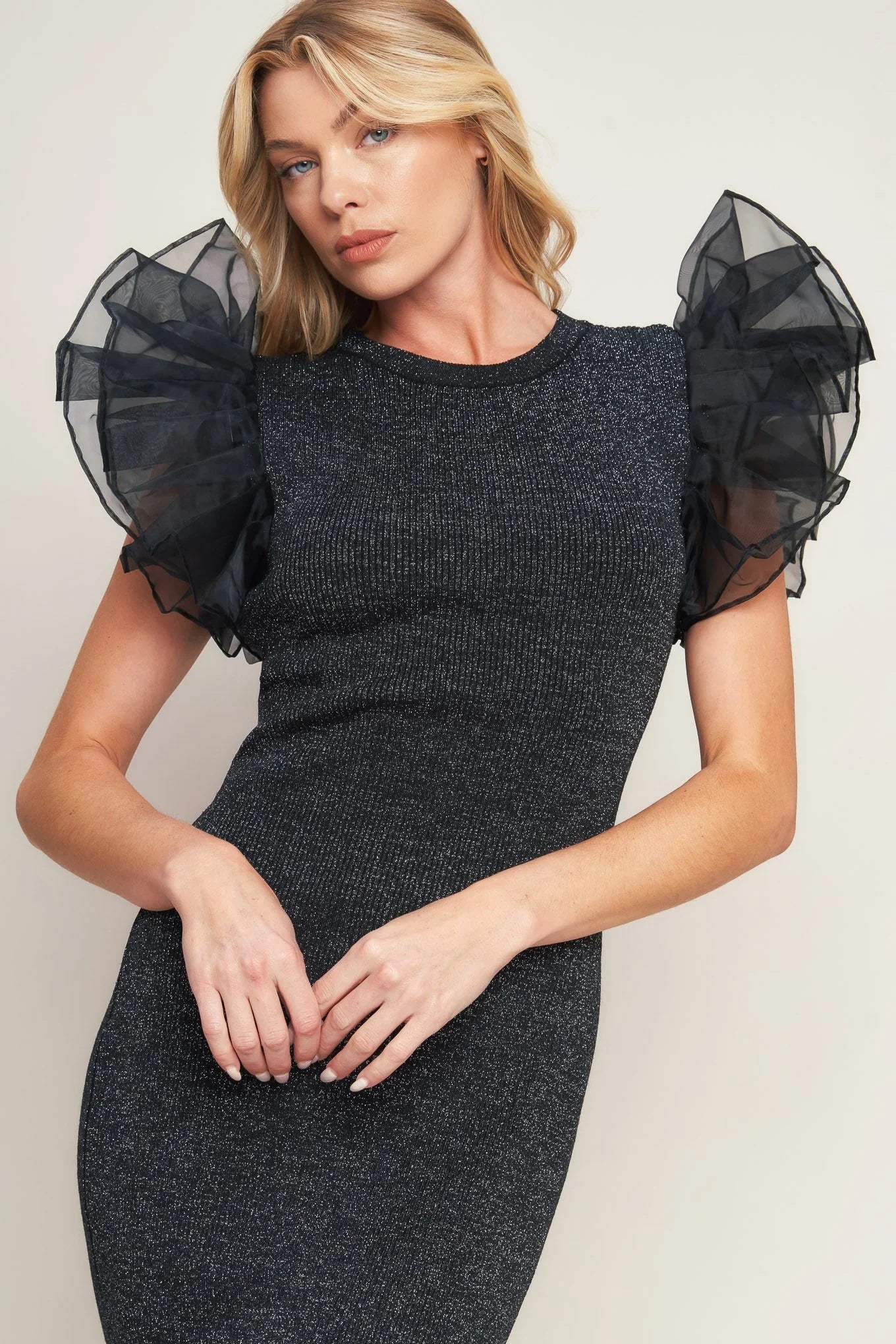 VOLUMINOUS POWER METALLIC BLACK MIDI DRESS
