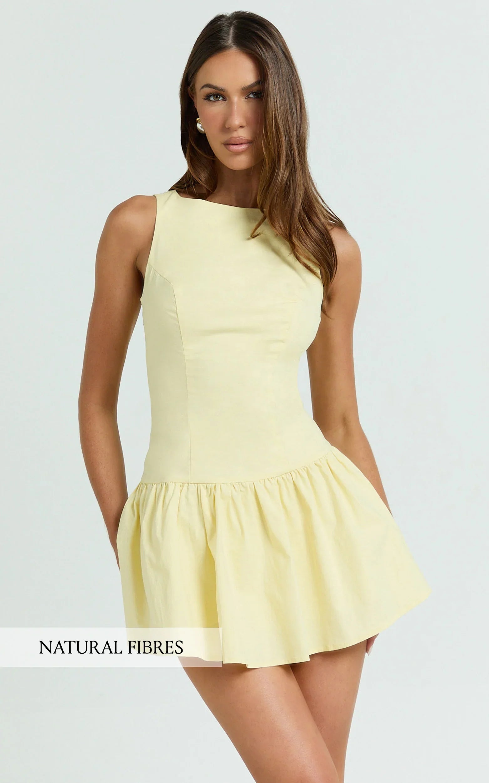 Izira Mini Dress Boat Neck Drop Waist Shift Dress in Butter Yellow