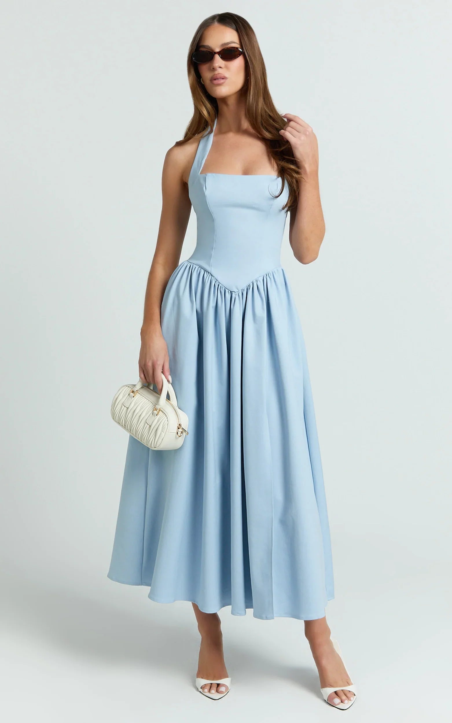 Helda Midi Dress Halter Tie Neck Corset Panel Dress in Soft Blue