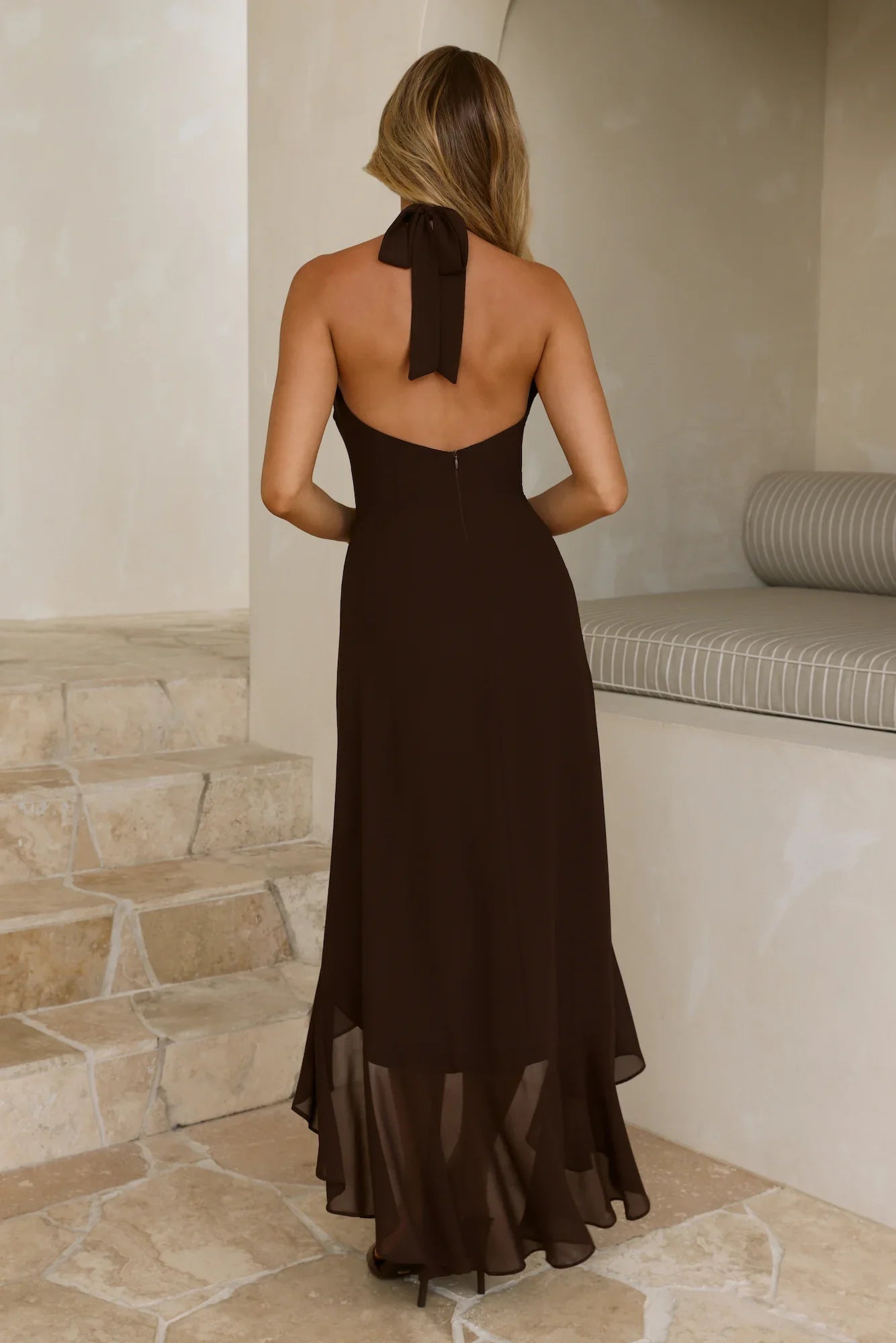 Dark Luxe Halter High Low Maxi Dress Chocolate