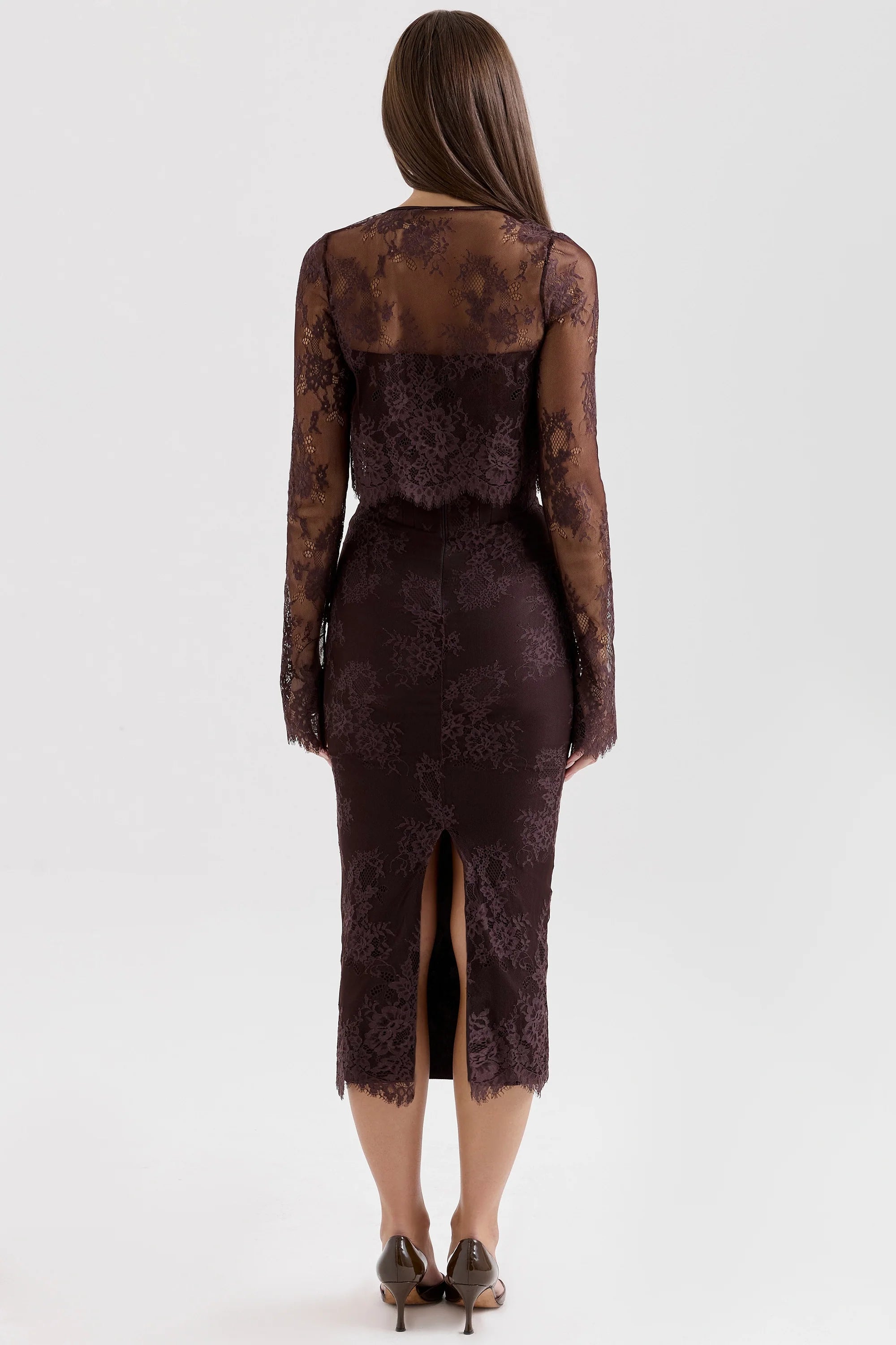 bitter chocolate lace corset midi dress bolero
