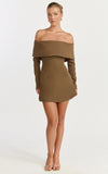 Marigold Mini Dress Off Shoulder Long Sleeve Dress in Mocha