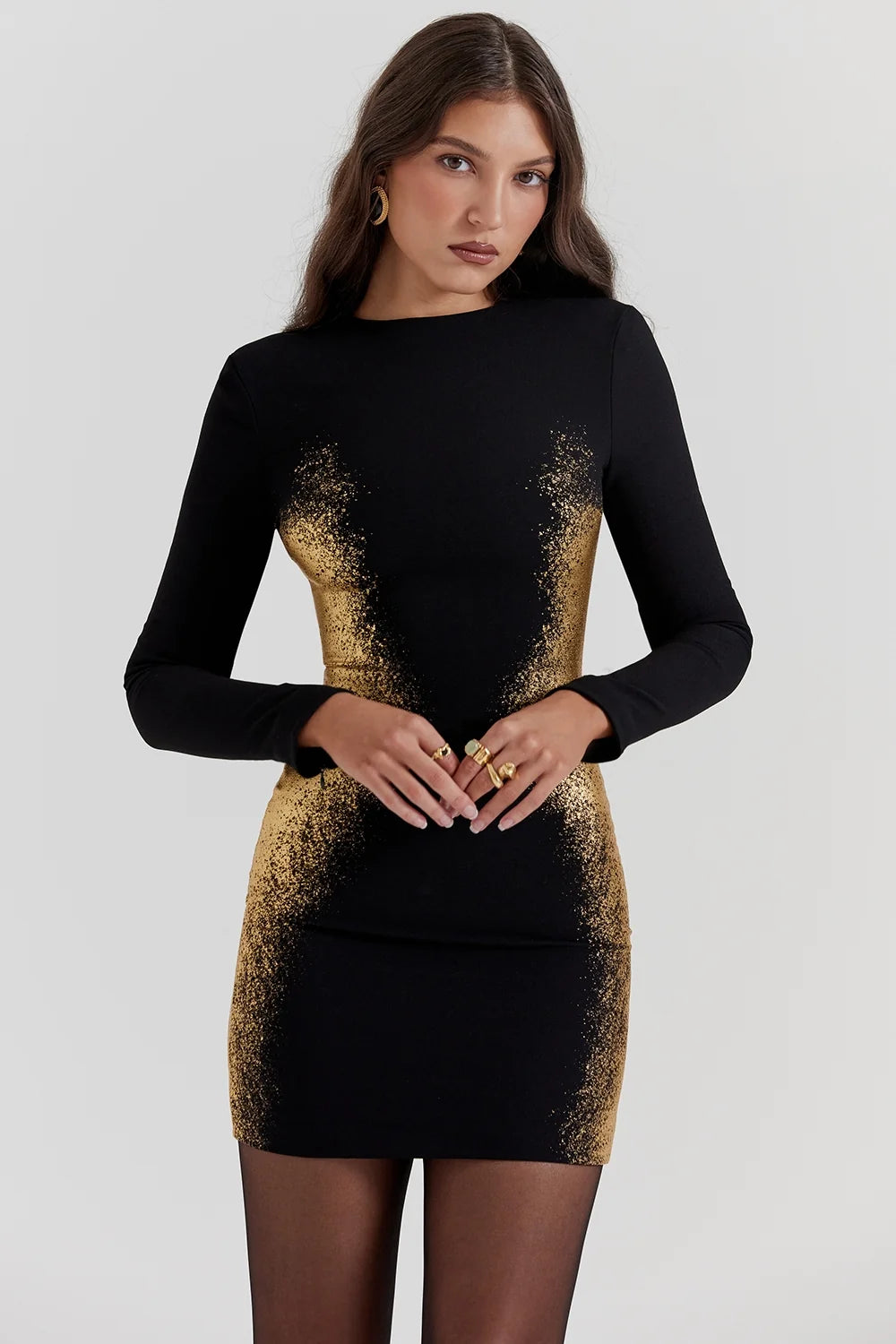 black gold foil print mini dress