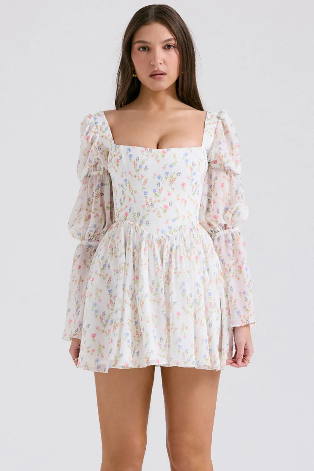 white posy print puff sleeve mini dress