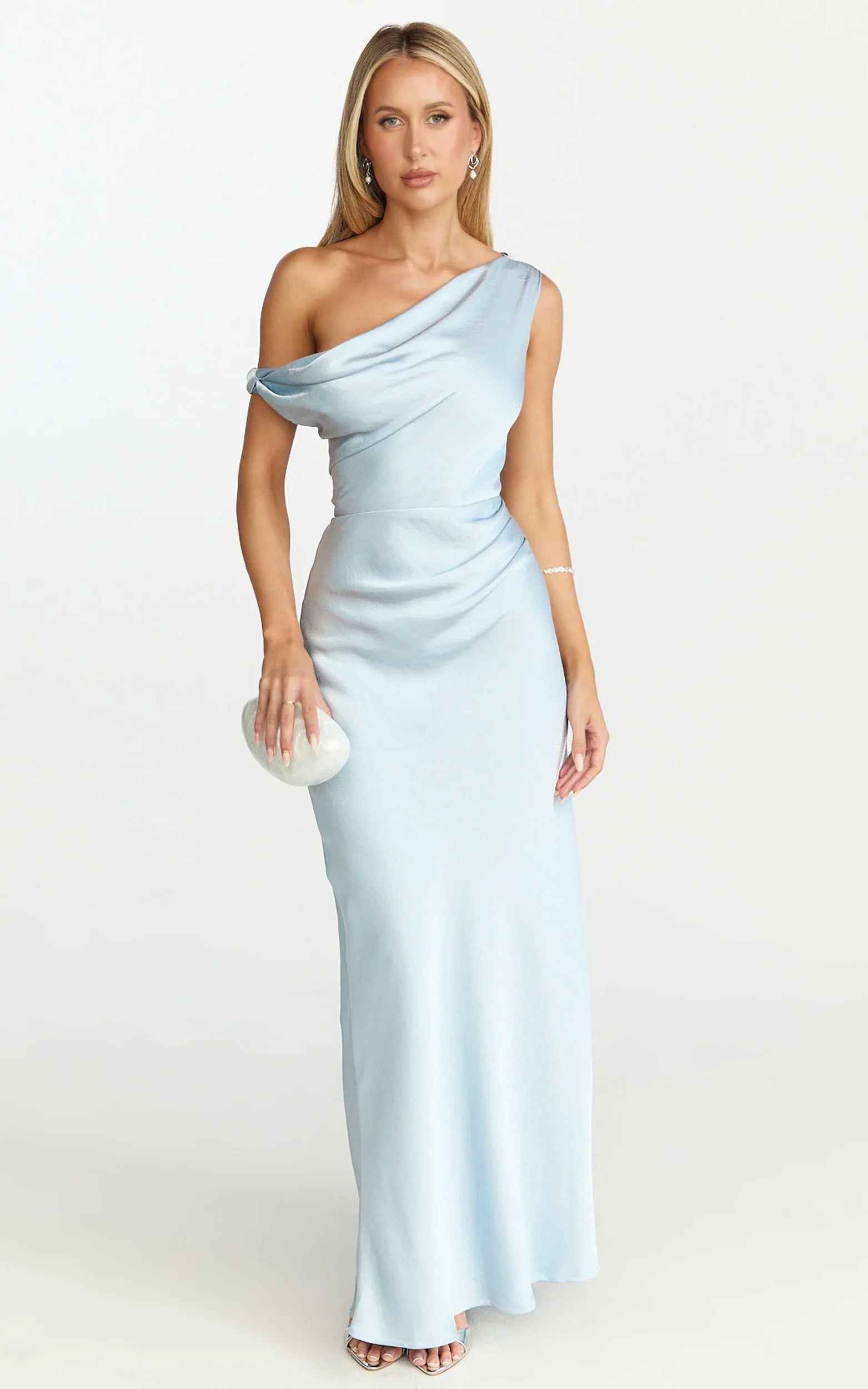 Lira Midi Dress One Shoulder Satin Dress in Pale Blue