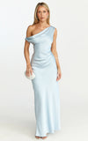 Lira Midi Dress One Shoulder Satin Dress in Pale Blue