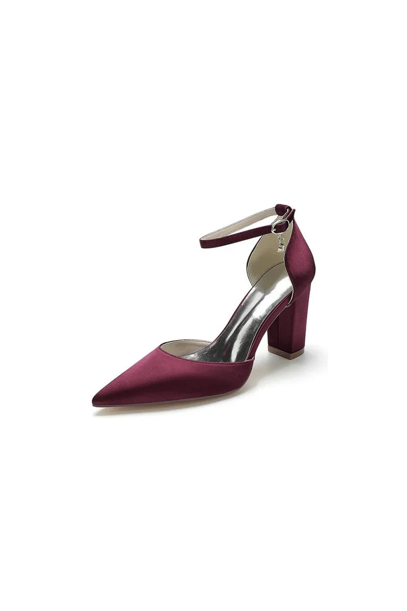 Simple Satin Pointed Toe Ankle Strap Chunky Heel