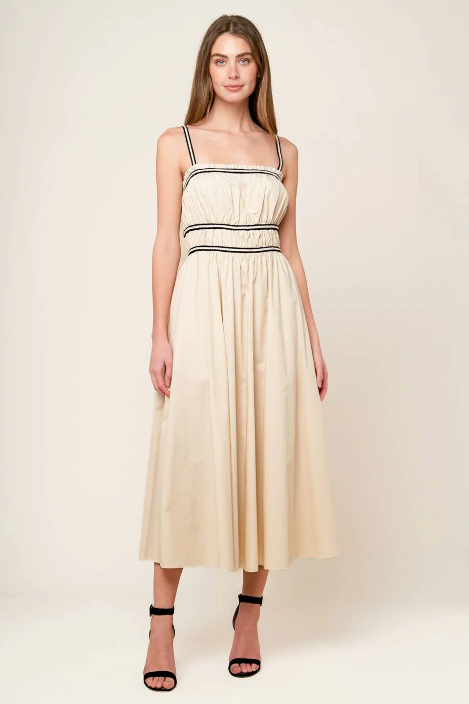 TERRIFIC TIMING BLACK TRIM IVORY MIDI DRESS