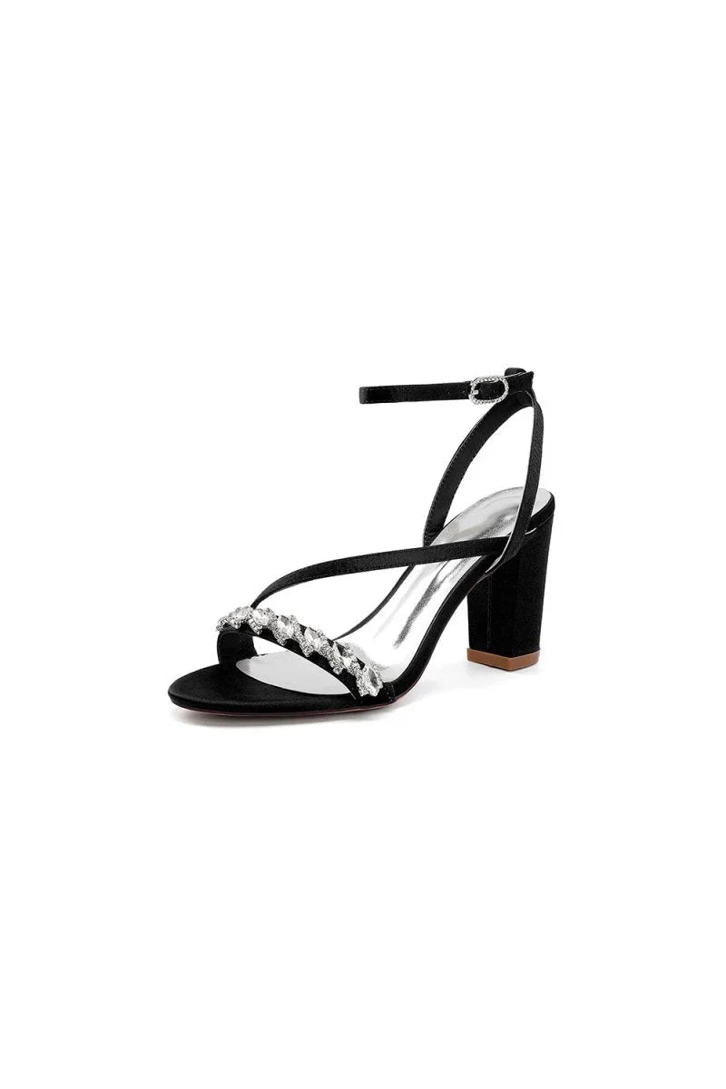 Open Toe Ankle Strap Satin Chunky Heels With Rhinestone