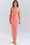 coral stretch mesh halter neck midi dress