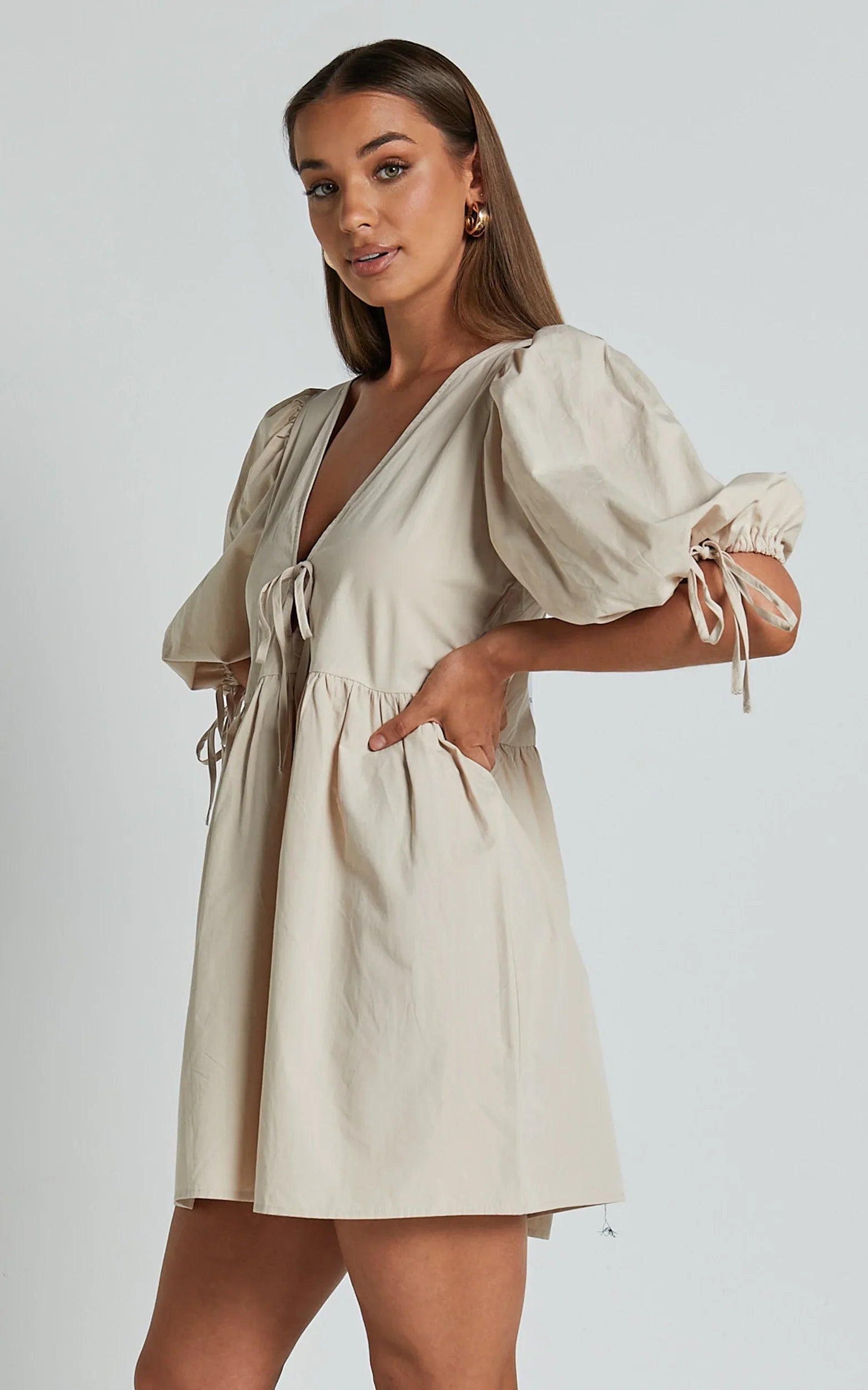 Rosita Mini Dress Tie Front Puff Sleeve Dress in Stone