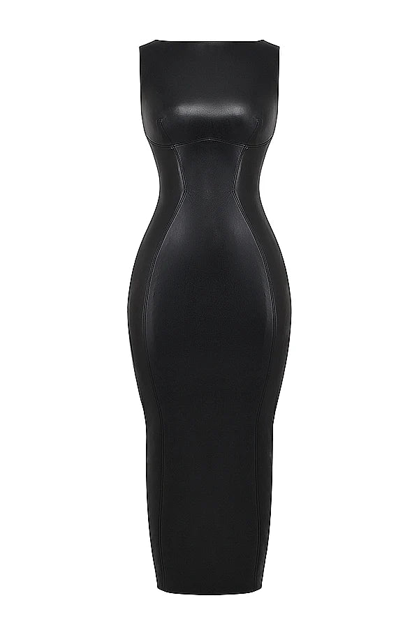 black vegan leather maxi dress