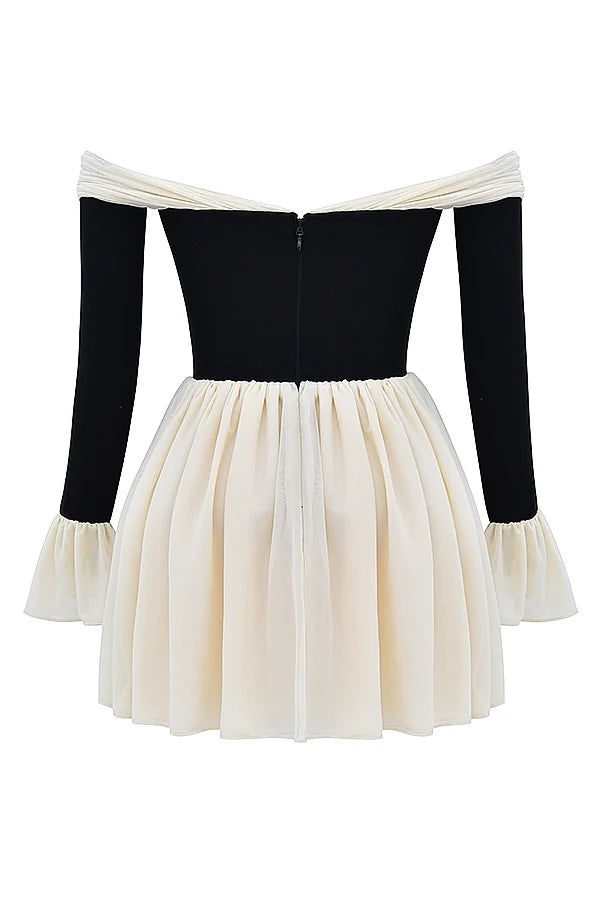 black cream off shoulder dress