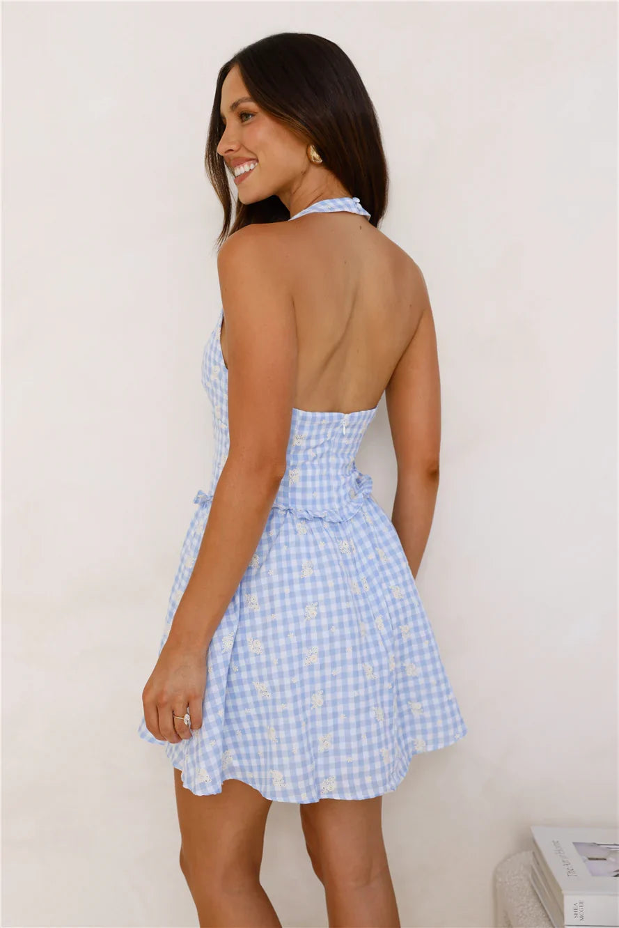 Cloudlike Charm Gingham Halter Mini Dress Blue