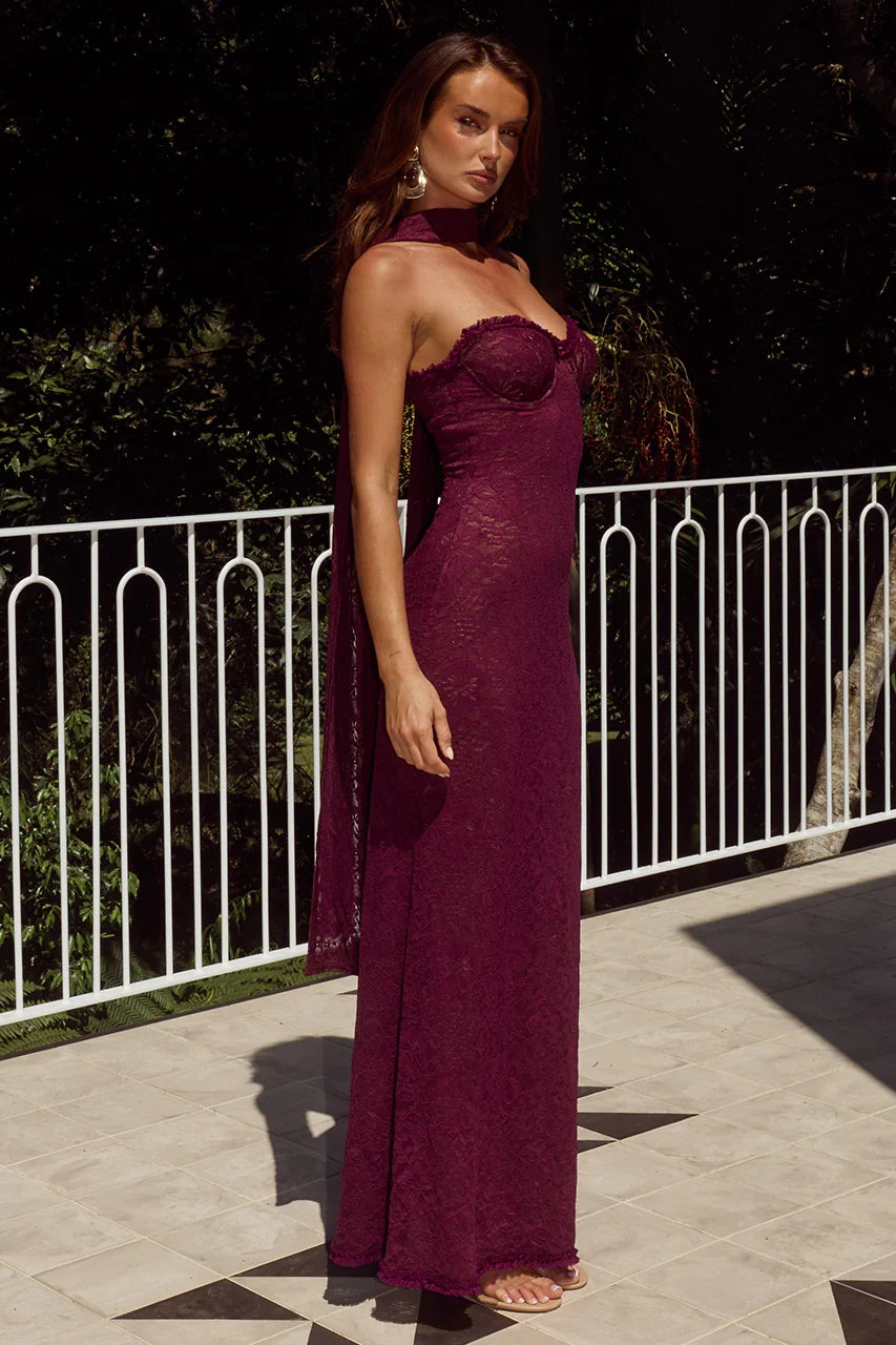 AMANA STRAPLESS SCARF MAXI DRESS WINE