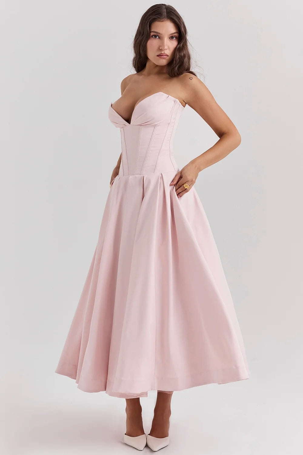 ballerina pink strapless midi dress