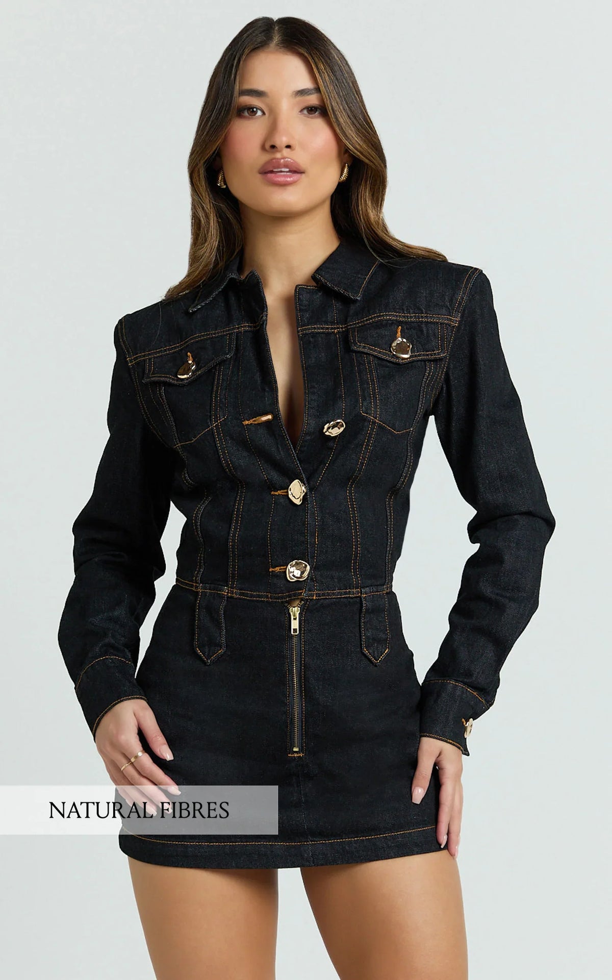 Fabia Mini Dress Denim Hardware Button Front Fitted Shirt Dress in Dark Wash