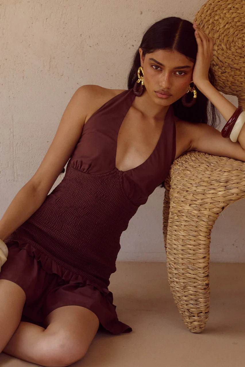 FLEUR SHIRRED HALTER MINI DRESSS CHOCOLATE