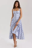 blue floral print stretch cotton halter neck midi dress