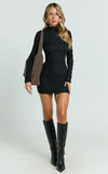 Ruby Mini Dress High Neck Long Sleeve Dress in Black