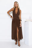 Whispered Promises Halter Mesh Maxi Dress Brown