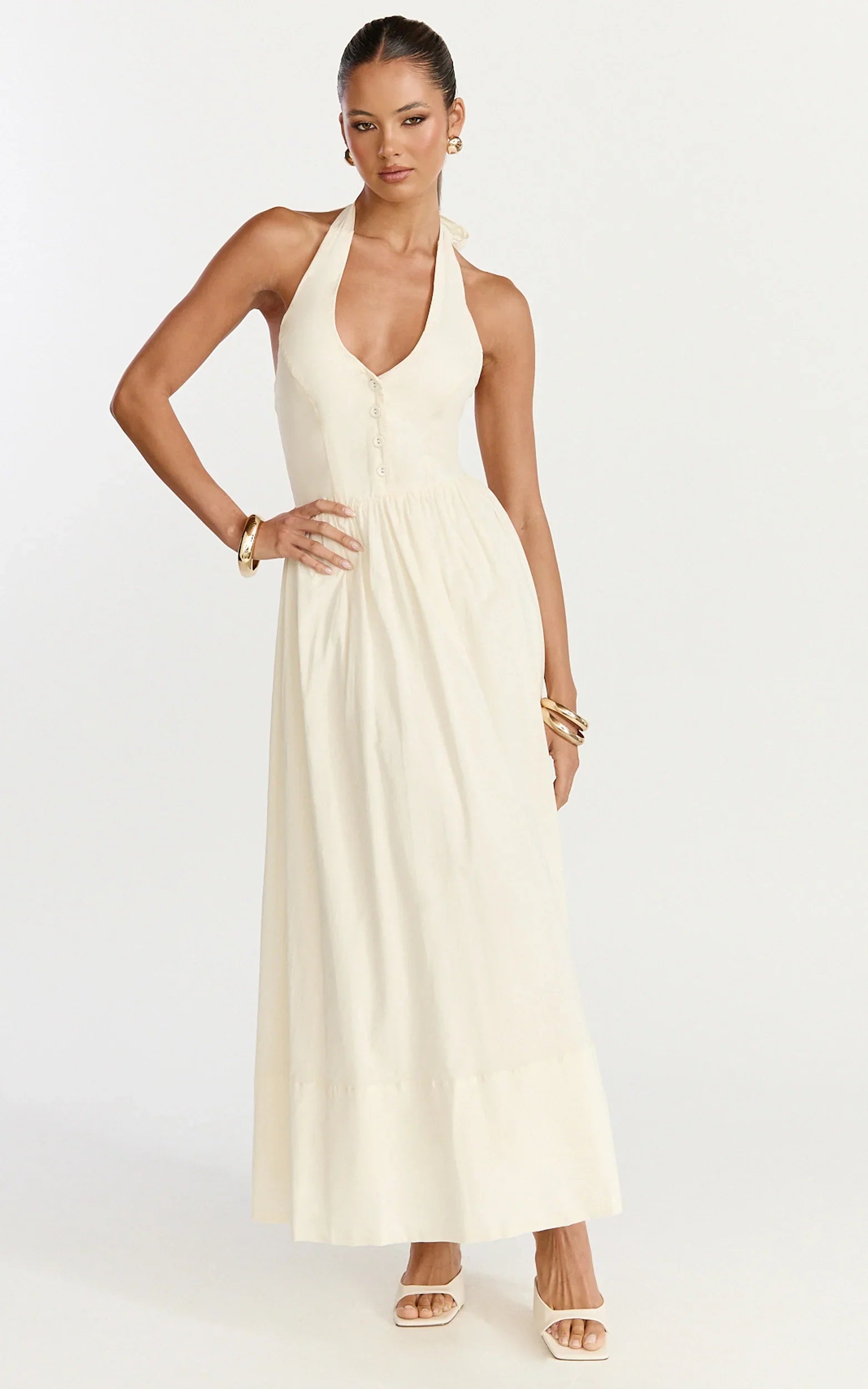 Everly Midi Dress Tie Halter Neck Button Down Bodice Fit And Flare Dress in Cream