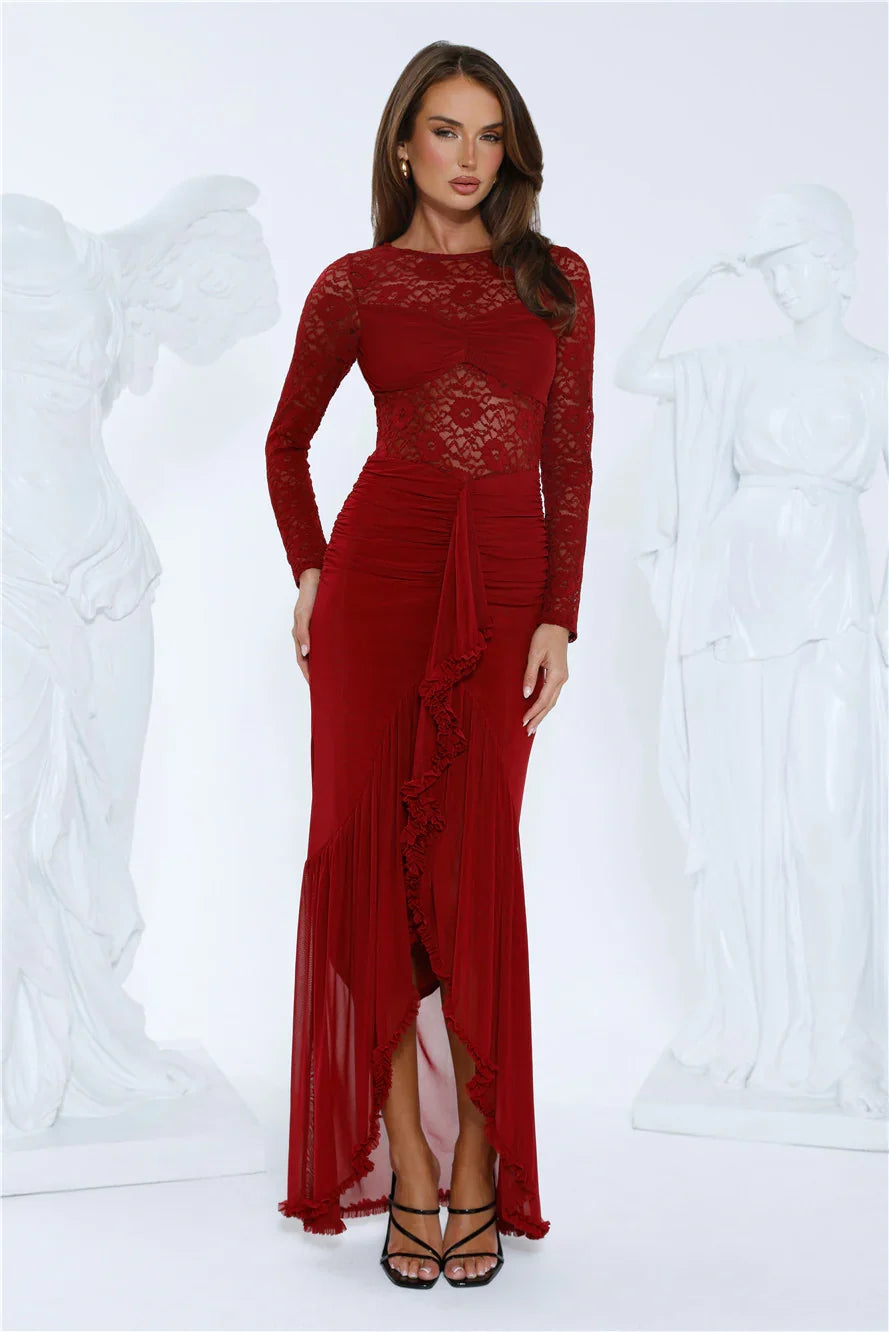 Flirtation Hour Lace Long Sleeve Maxi Dress Burgundy