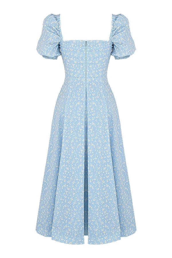 blue ivory floral puff sleeve midi dress