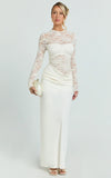 Crisanta Maxi Dress Long Sleeve Contrast Lace Bodycon Dress in Ivory