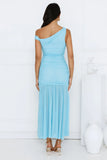 Stylish Diva Mesh Off Shoulder Midi Dress Blue