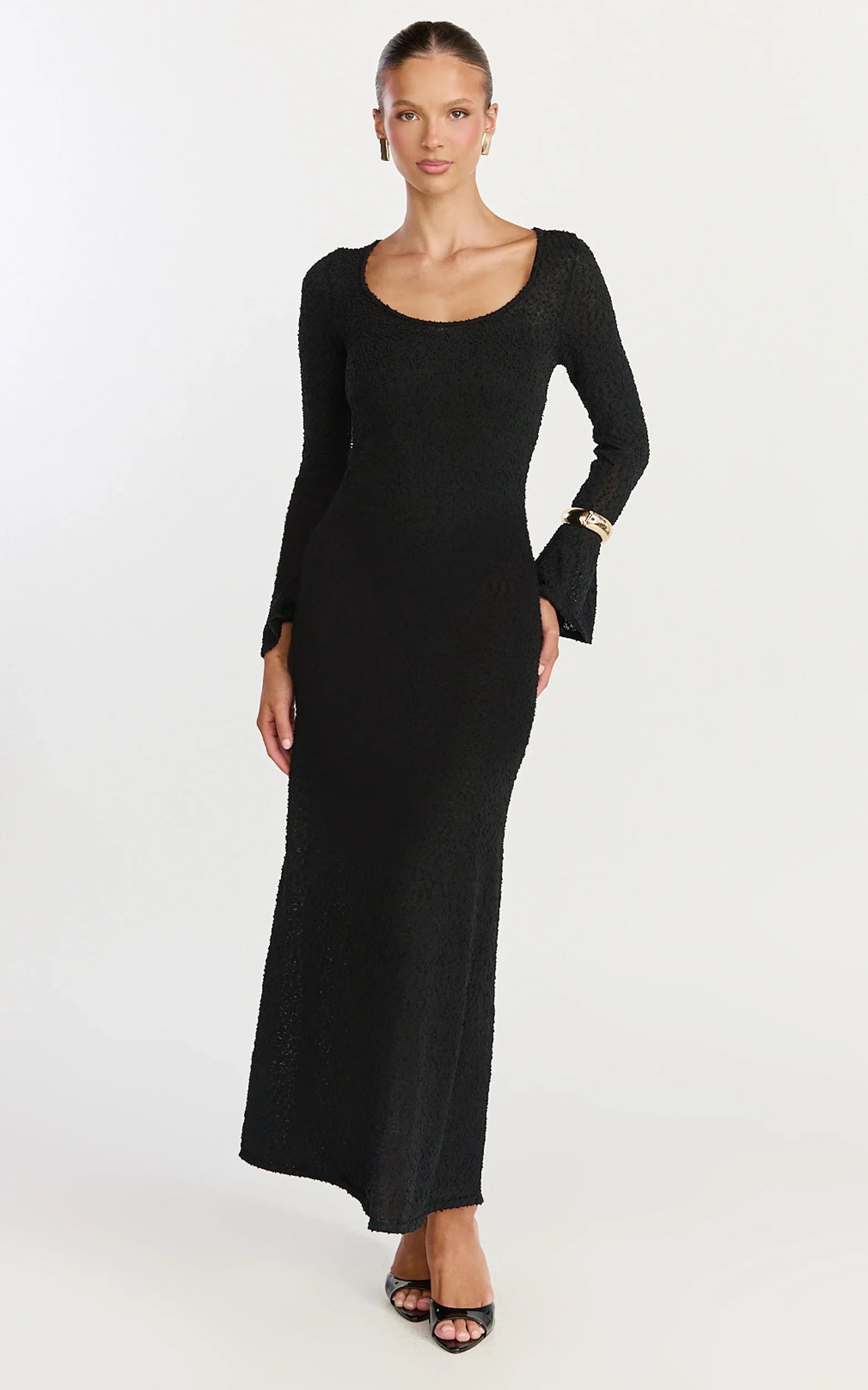 Michelle Maxi Dress Scoop Neck Flute Sleeve Knit Maxi Dress in Black