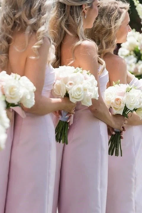 Strapless Pink Scoop Pleated Satin Long Bridesmaid Dress With Big Bow