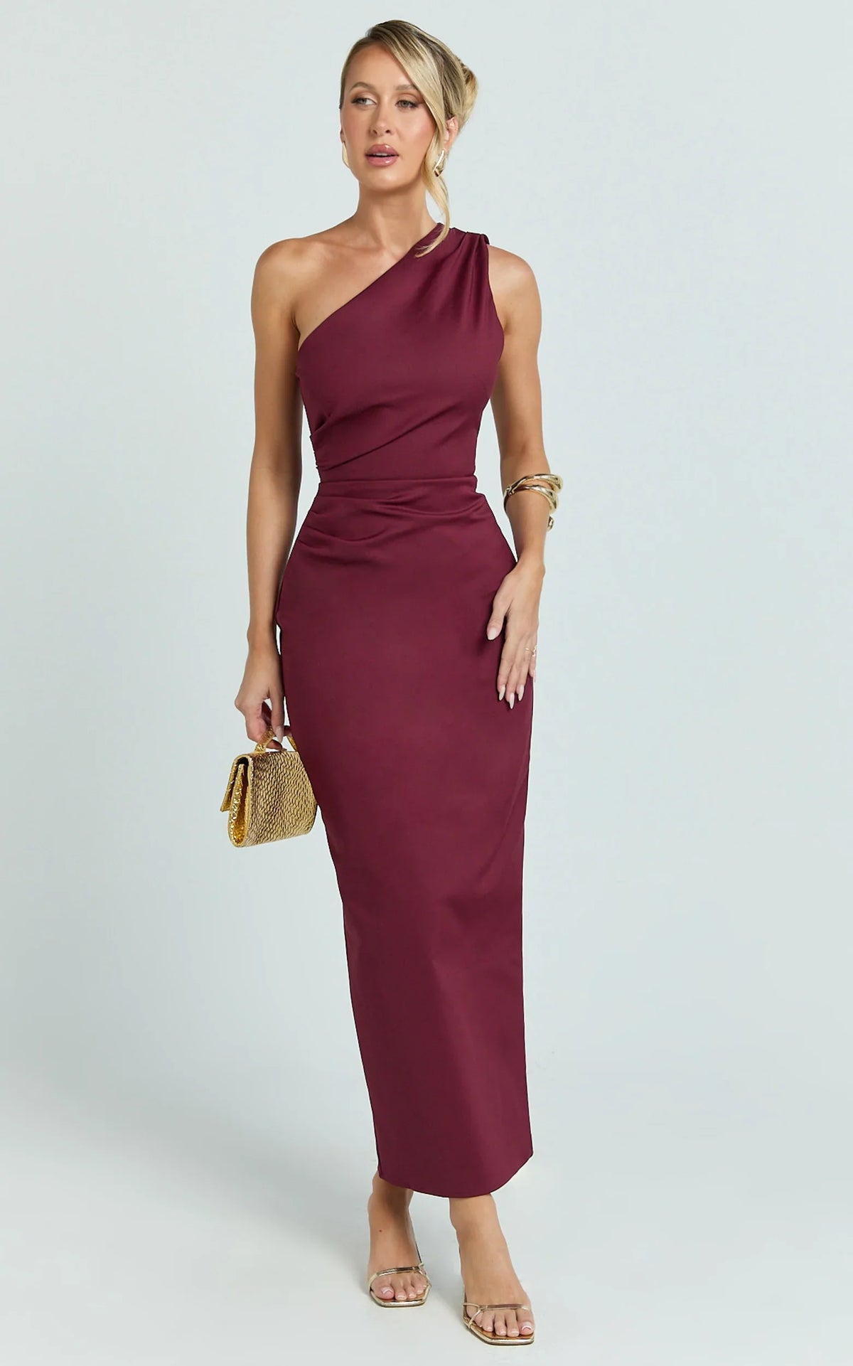Karlie Midi Dress One Shoulder Fitted Dress in Wine