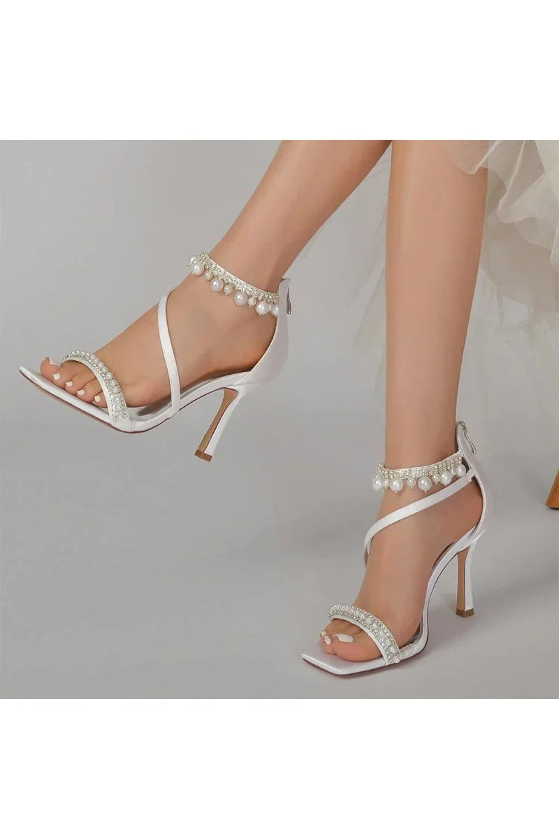 Square Open Toe Pearl Satin Stiletto Heels